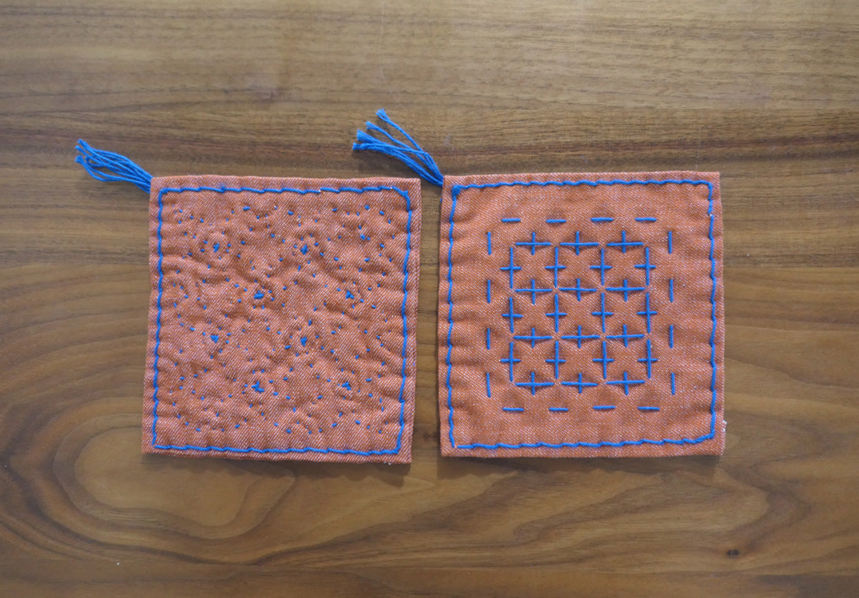 오카야마 데님 사시코 코스터 _ 오렌지 하나(꽃) 카쿠싯포 태슬 코스터 세트