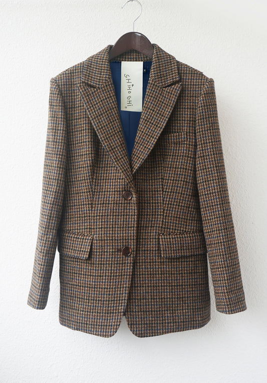 체크 울 언밸런스 블레이저 (다크브라운)