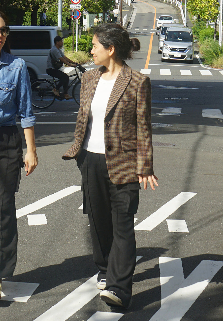 체크 울 언밸런스 블레이저 (다크브라운)