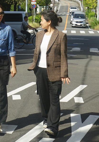 체크 울 언밸런스 블레이저 (다크브라운)