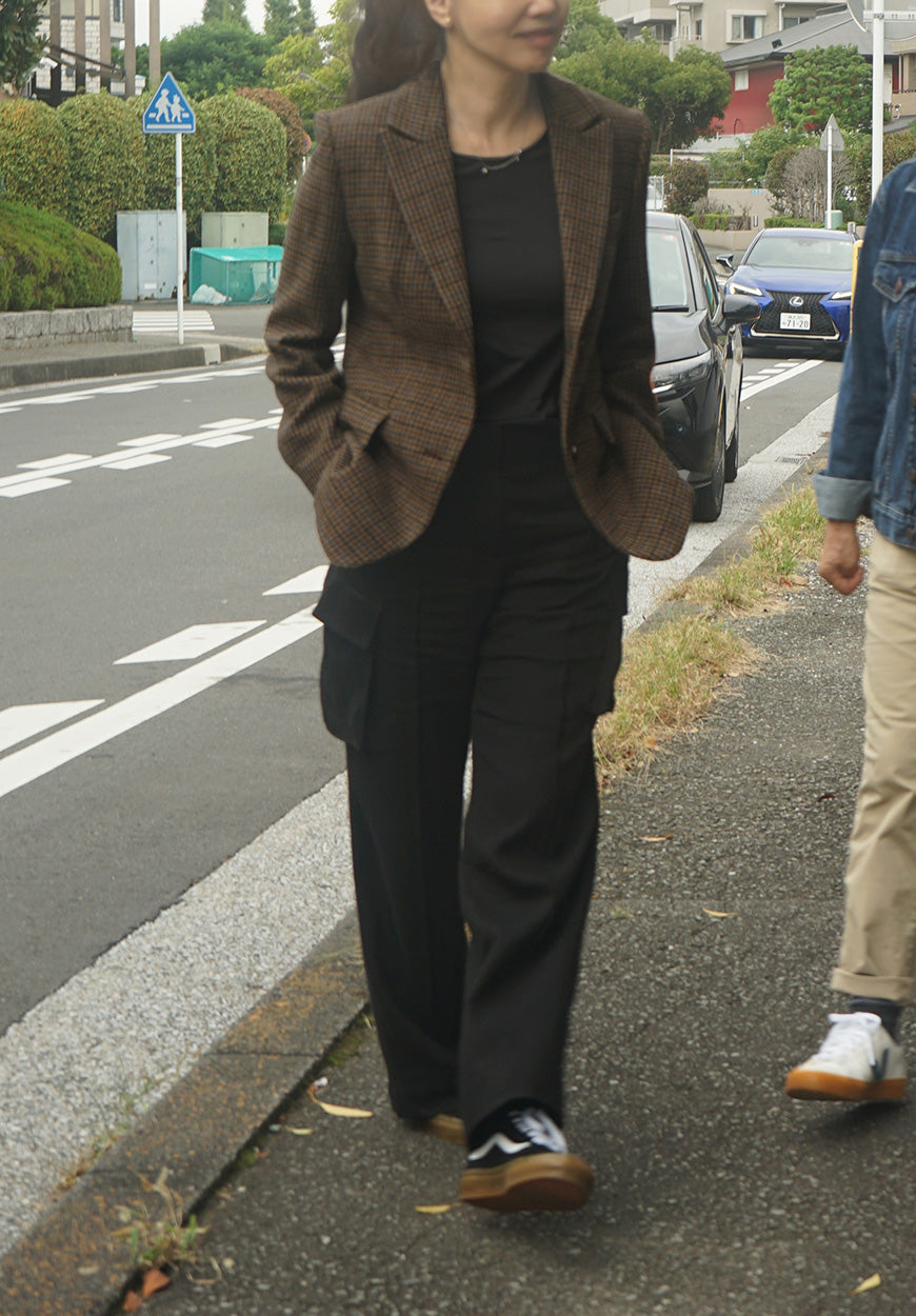 체크 울 언밸런스 블레이저 (다크브라운)