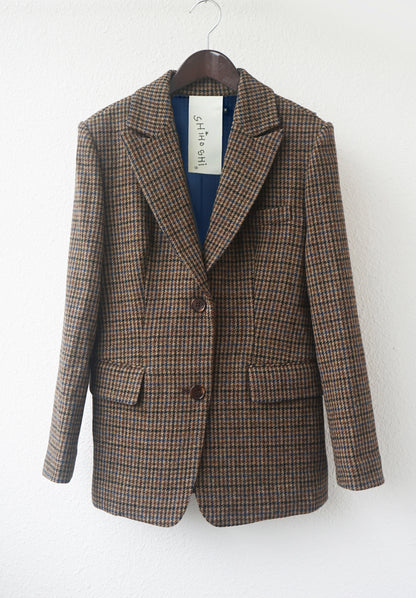 체크 울 언밸런스 블레이저 (다크브라운)